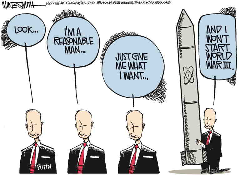 Political/Editorial Cartoon by Mike Smith, Las Vegas Sun on Desperate Putin Threatens Nukes