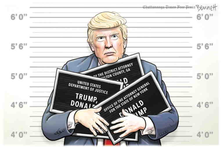 Political/Editorial Cartoon by Clay Bennett, Chattanooga Times Free Press on Trump’s Legal Woes Multiply