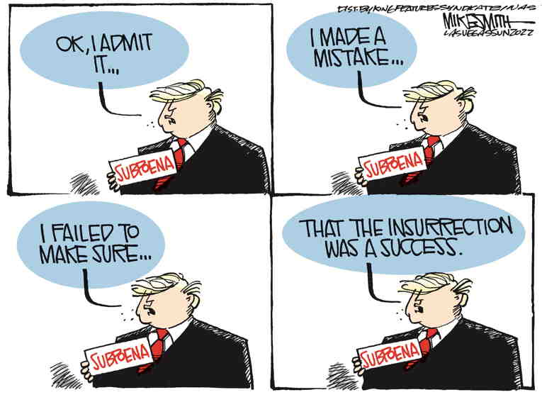 Political/Editorial Cartoon by Mike Smith, Las Vegas Sun on Subpoena Issued to Trump