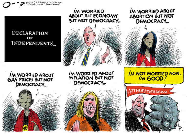 Political/Editorial Cartoon by Jack Ohman, The Oregonian on Perfect Storm for Fascists