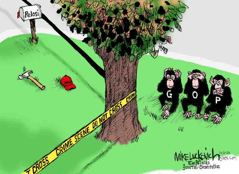 Political/Editorial Cartoon by Mike Luckovich, Atlanta Journal-Constitution on Paul Pelosi Attacked