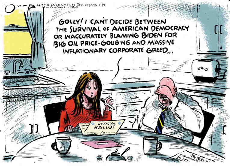 Political/Editorial Cartoon by Jack Ohman, The Oregonian on Voters Conflicted