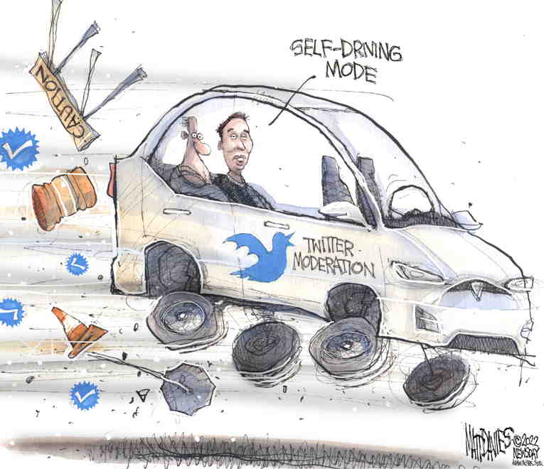 Political/Editorial Cartoon by Matt Davies, Journal News on Musk Axes Half of All Employees