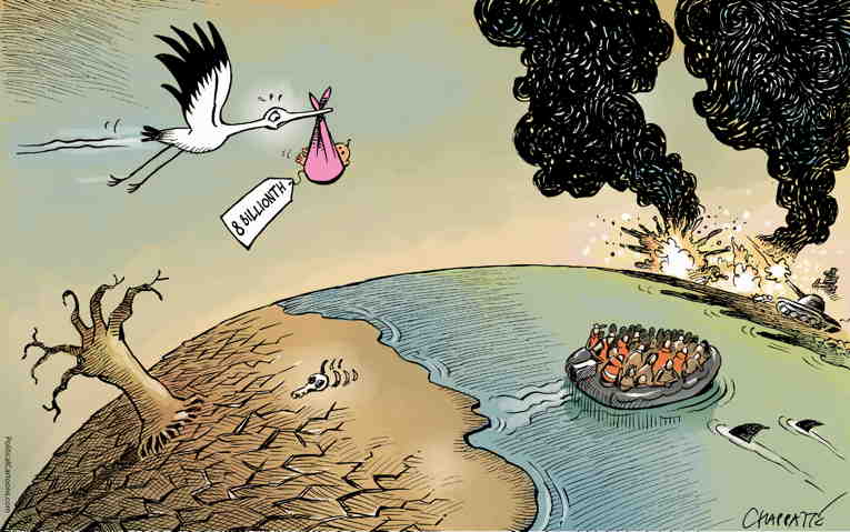 Political/Editorial Cartoon by Patrick Chappatte, International Herald Tribune on Earth Population Hits 8 Billion