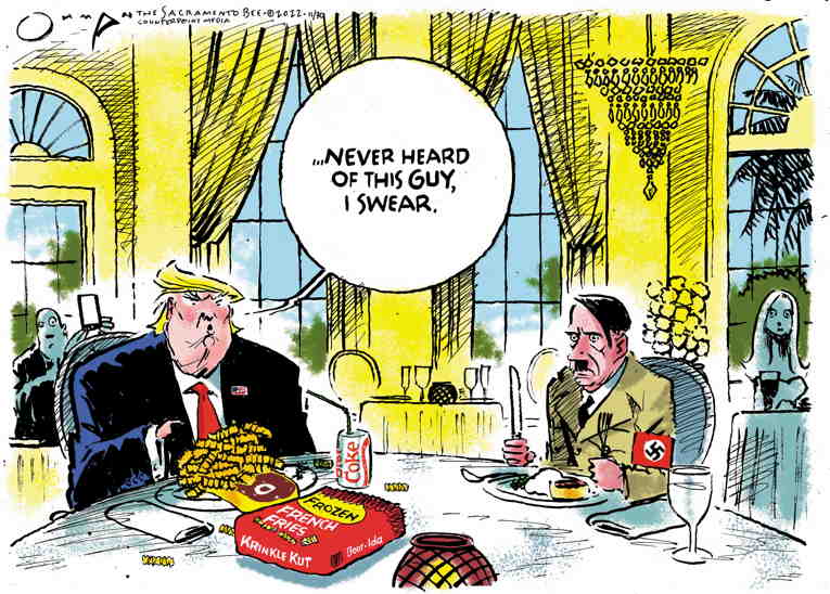 Political/Editorial Cartoon by Jack Ohman, The Oregonian on Trump Hosts White Supremacist