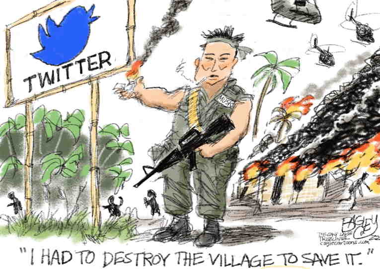 Political/Editorial Cartoon by Pat Bagley, Salt Lake Tribune on Musk’s Twitter Sets New Course