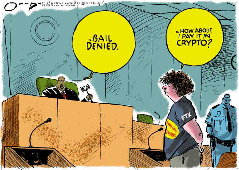Political/Editorial Cartoon by Jack Ohman, The Oregonian on Sam Bankman-Fried Arrested