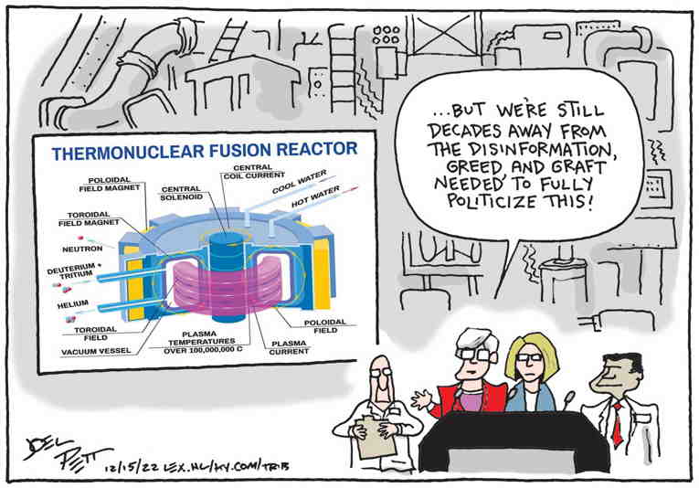 Political/Editorial Cartoon by Joel Pett, Lexington Herald-Leader, CWS/CartoonArts Intl. on Fusion Breakthrough Lauded