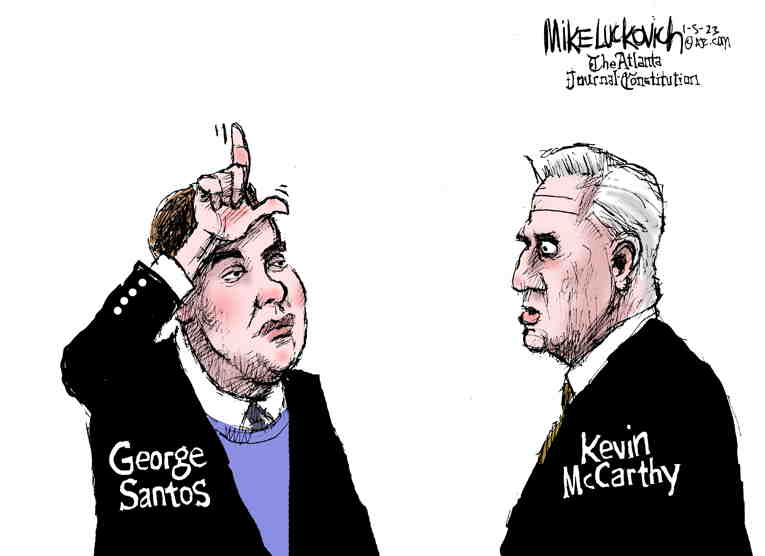 Political/Editorial Cartoon by Mike Luckovich, Atlanta Journal-Constitution on Santos Gives the Finger