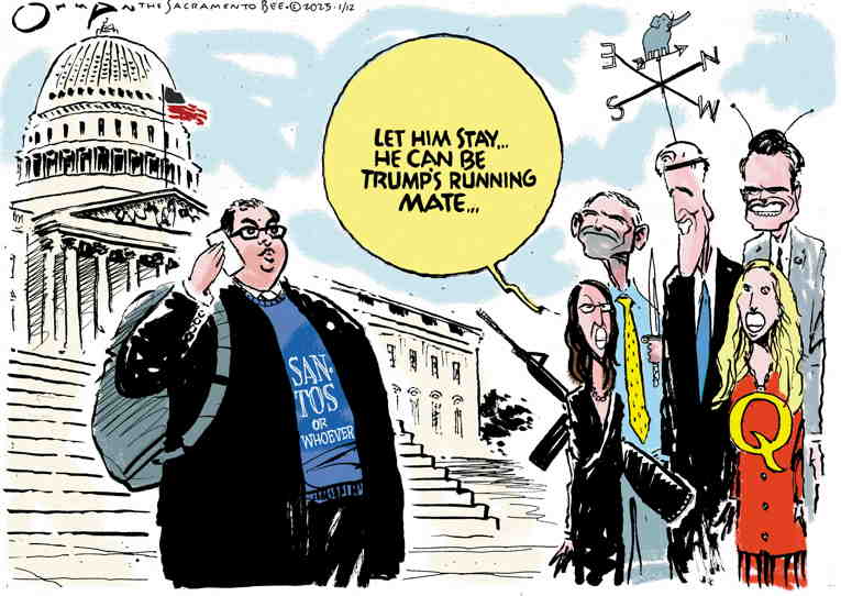 Political/Editorial Cartoon by Jack Ohman, The Oregonian on Santos Gives the Finger