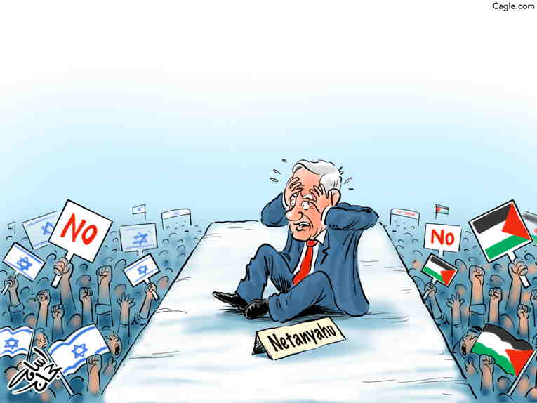 Political/Editorial Cartoon by Emad Hajjaj, Al Ghad, Amman, Jordan on Netenyahu Celebrates