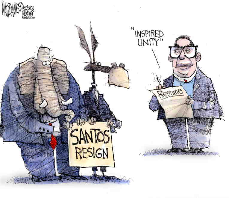 Political/Editorial Cartoon by Matt Davies, Journal News on Santos Survives Another Day