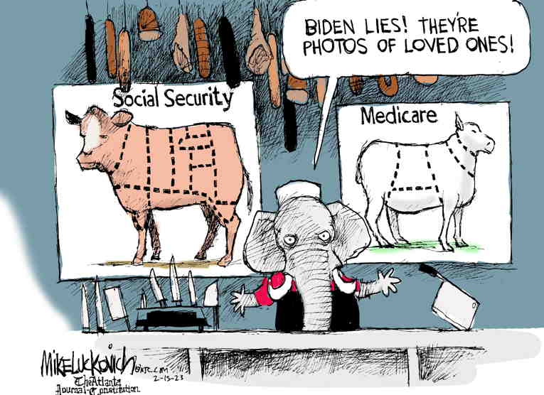 Political/Editorial Cartoon by Mike Luckovich, Atlanta Journal-Constitution on Biden Defends Entitlements