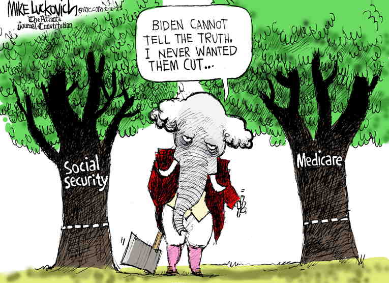 Political/Editorial Cartoon by Mike Luckovich, Atlanta Journal-Constitution on Biden Defends Entitlements