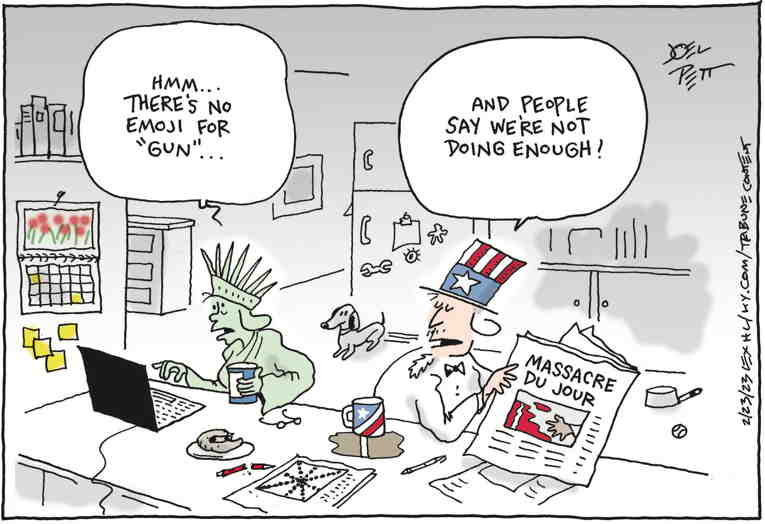 Political/Editorial Cartoon by Joel Pett, Lexington Herald-Leader, CWS/CartoonArts Intl. on U.S. Still #1 in Shootings