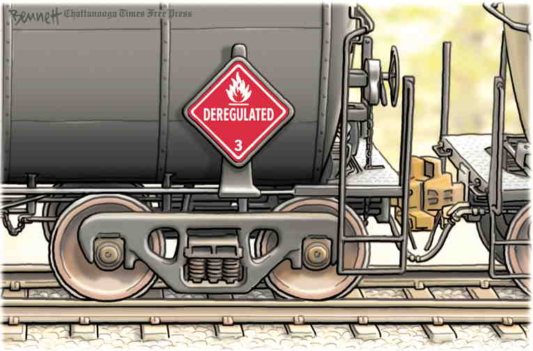 Political/Editorial Cartoon by Clay Bennett, Chattanooga Times Free Press on Railroad Company Screws Up