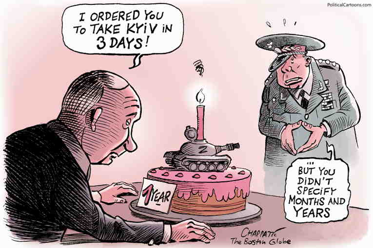 Political/Editorial Cartoon by Patrick Chappatte, International Herald Tribune on Putin Promises More War