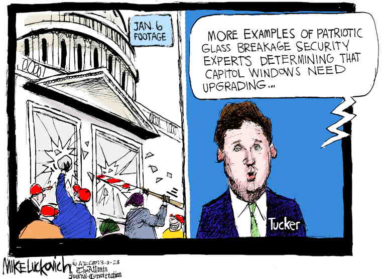 Political/Editorial Cartoon by Mike Luckovich, Atlanta Journal-Constitution on Tucker Carlson Goes All In