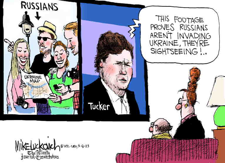 Political/Editorial Cartoon by Mike Luckovich, Atlanta Journal-Constitution on Tucker Carlson Goes All In