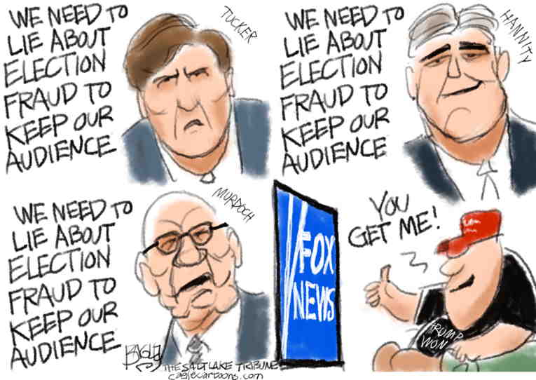 Political/Editorial Cartoon by Pat Bagley, Salt Lake Tribune on Fox Admits It Promotes Falsehoods