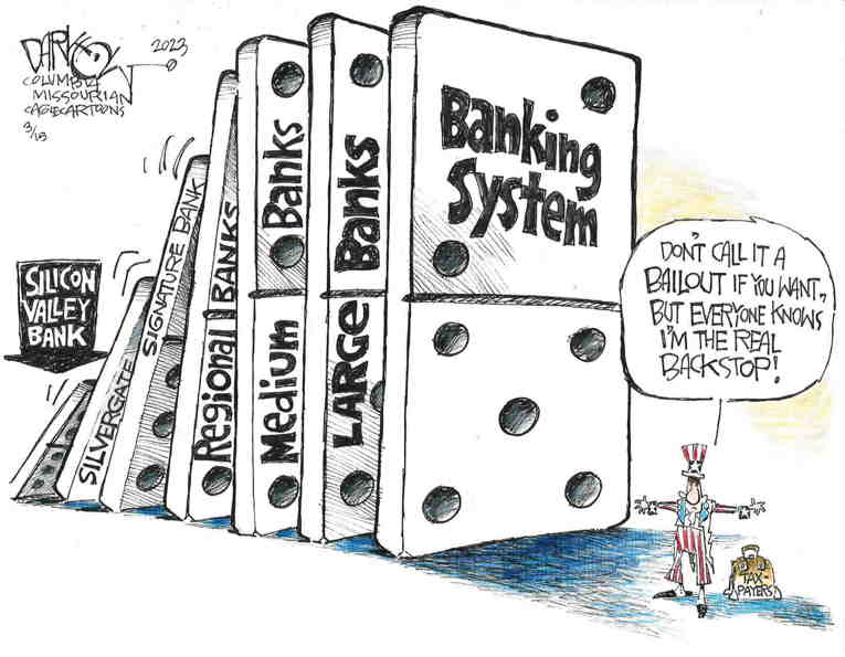 Political/Editorial Cartoon by John Darkow, Columbia Daily Tribune, Missouri on Two Major Banks Collapse