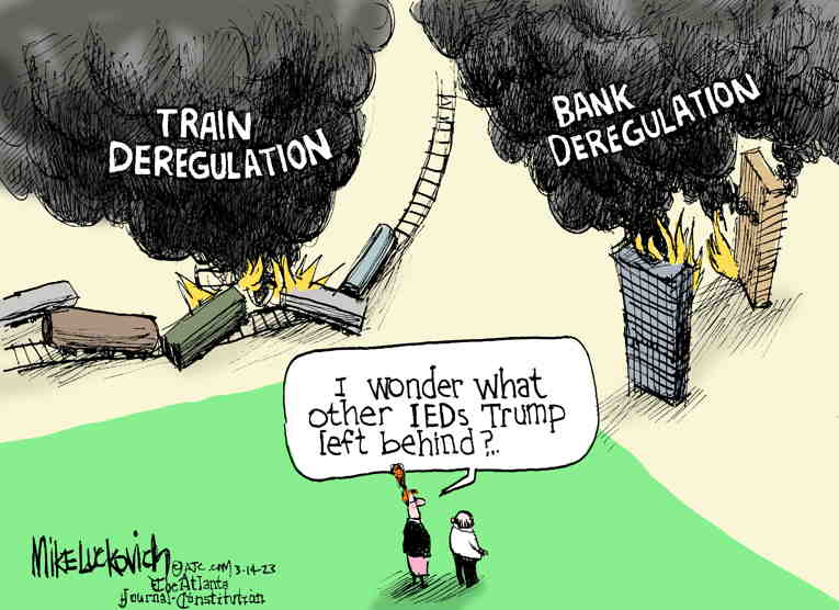 Political/Editorial Cartoon by Mike Luckovich, Atlanta Journal-Constitution on Two Major Banks Collapse