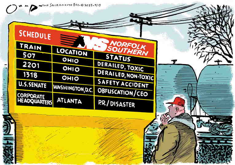 Political/Editorial Cartoon by Jack Ohman, The Oregonian on Derailments Being Investigated