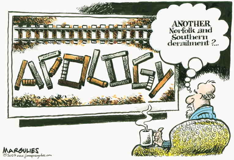 Political/Editorial Cartoon by Jimmy Margulies, King Features on Derailments Being Investigated