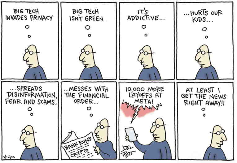 Political/Editorial Cartoon by Joel Pett, Lexington Herald-Leader, CWS/CartoonArts Intl. on Big Tech Suffering