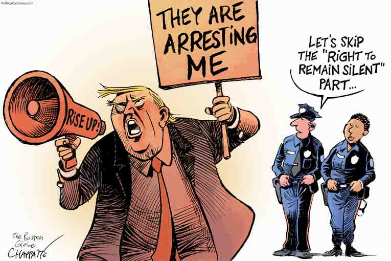 Political/Editorial Cartoon by Patrick Chappatte, International Herald Tribune on Trump Anticipates His Arrest