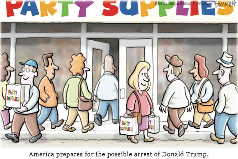 Political/Editorial Cartoon by Clay Bennett, Chattanooga Times Free Press on Trump Anticipates His Arrest