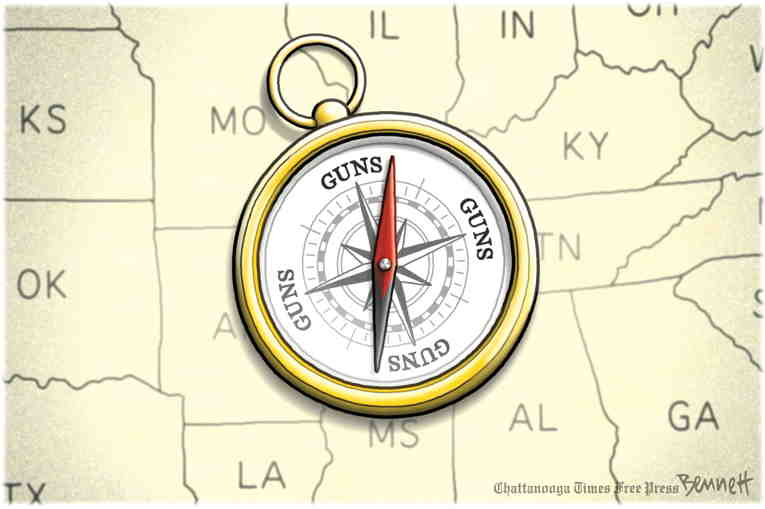 Political/Editorial Cartoon by Clay Bennett, Chattanooga Times Free Press on U.S. Gun Murder Rate Climbing