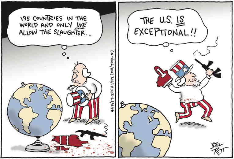 Political/Editorial Cartoon by Joel Pett, Lexington Herald-Leader, CWS/CartoonArts Intl. on U.S. Gun Murder Rate Climbing