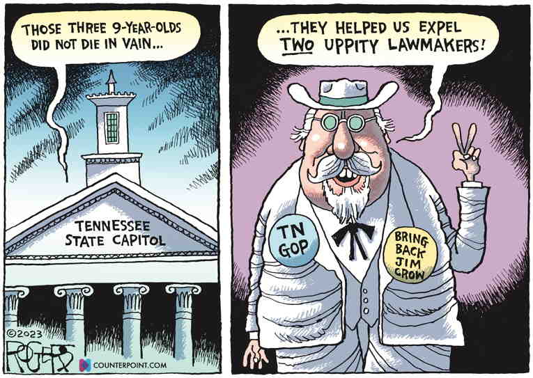 Political/Editorial Cartoon by Rob Rogers on Tennessee Expels BLack Legislators