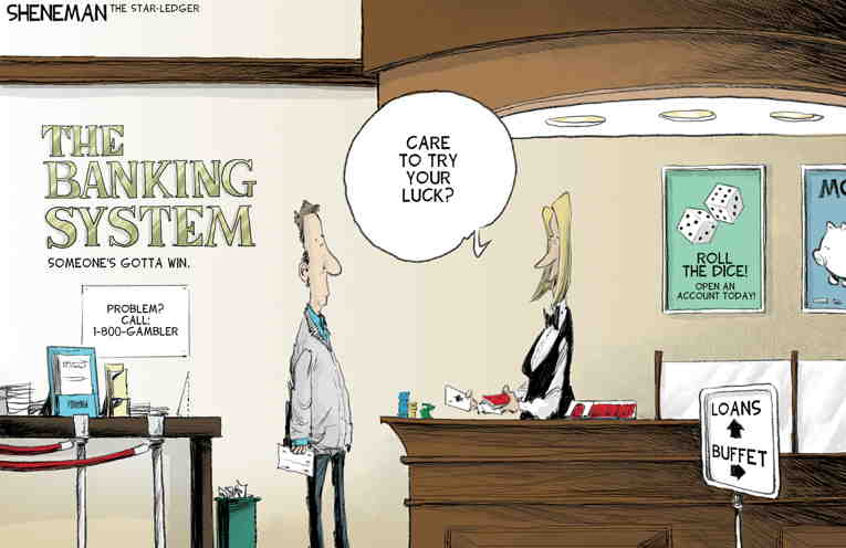 Political/Editorial Cartoon by Drew Sheneman, Newark Star Ledger on Bank Crisis Lingering