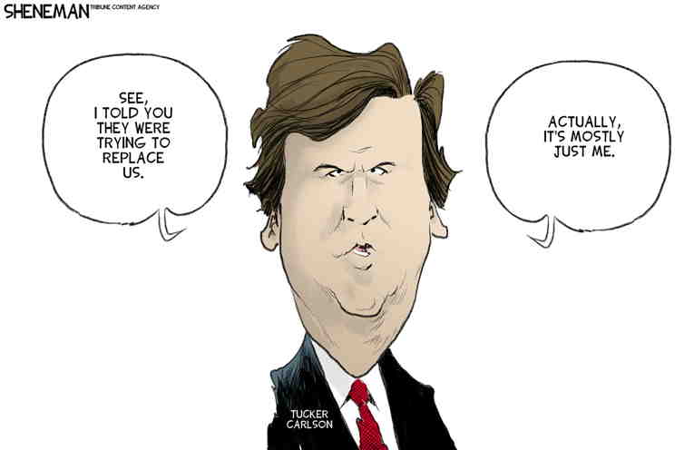 Political/Editorial Cartoon by Drew Sheneman, Newark Star Ledger on Tucker Carlson Unmasked