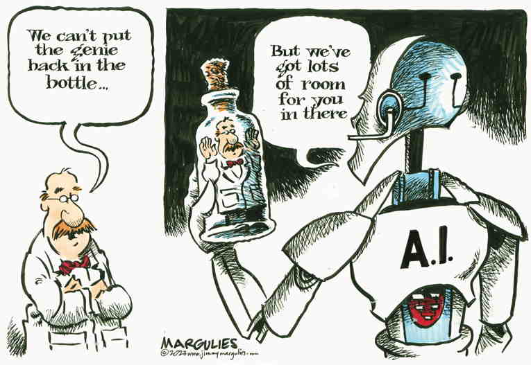 Political/Editorial Cartoon by Jimmy Margulies, King Features on AI Genie Escapes Bottle