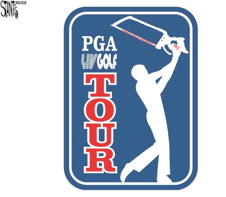 Political/Editorial Cartoon by Scott Stantis, Chicago Tribune on PGA Goes OB