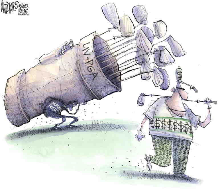 Political/Editorial Cartoon by Matt Davies, Journal News on Golf Deal Announced