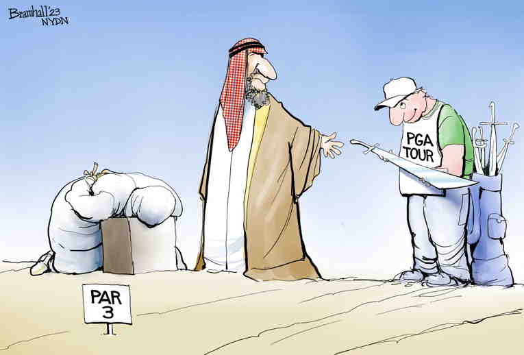 Political/Editorial Cartoon by Bill Bramhall, New York Daily News on Golf Deal Announced