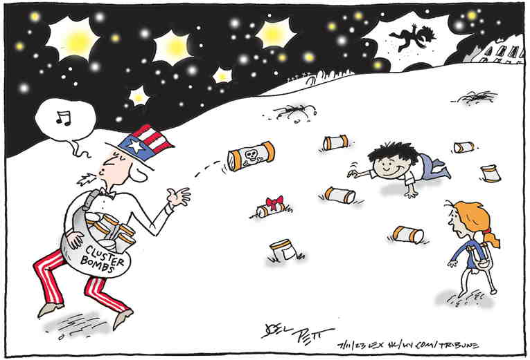 Political/Editorial Cartoon by Joel Pett, Lexington Herald-Leader, CWS/CartoonArts Intl. on Biden Approves Bomb Shipment