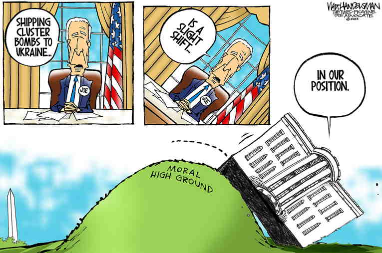 Political/Editorial Cartoon by Walt Handelsman, Newsday on Biden Approves Bomb Shipment