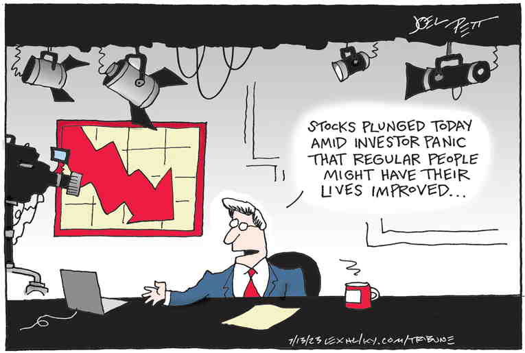 Political/Editorial Cartoon by Joel Pett, Lexington Herald-Leader, CWS/CartoonArts Intl. on Inflation Eases Up a Bit