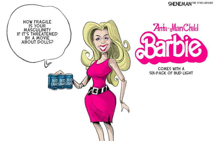 Political/Editorial Cartoon by Drew Sheneman, Newark Star Ledger on Barbie a Smash Hit