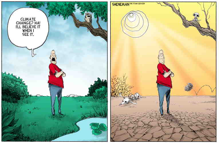 Political/Editorial Cartoon by Drew Sheneman, Newark Star Ledger on Extreme Weather Accelerates