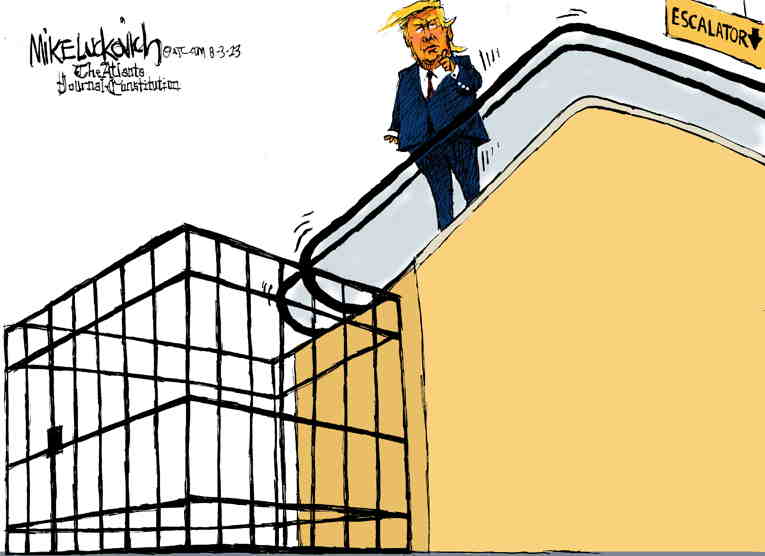 Political/Editorial Cartoon by Mike Luckovich, Atlanta Journal-Constitution on Trump Free Pending Trial