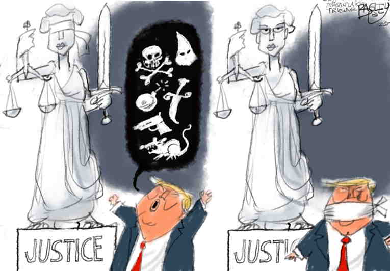 Political/Editorial Cartoon by Pat Bagley, Salt Lake Tribune on Screws Tighten for Trump