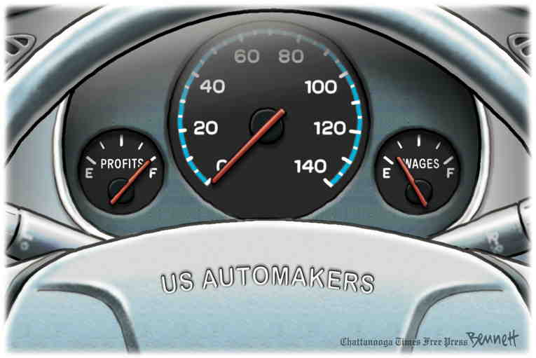Political/Editorial Cartoon by Clay Bennett, Chattanooga Times Free Press on Auto Workers Strike