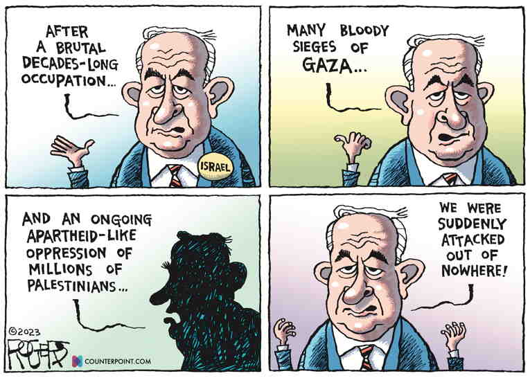 Political/Editorial Cartoon by Rob Rogers on Hamas Terrorizes Israel