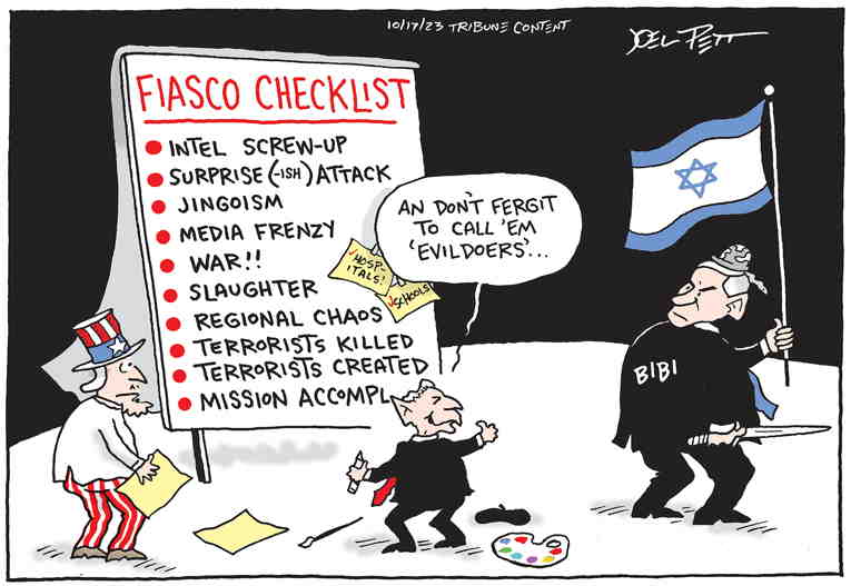 Political/Editorial Cartoon by Joel Pett, Lexington Herald-Leader, CWS/CartoonArts Intl. on Gaza Bombed, Cut Off